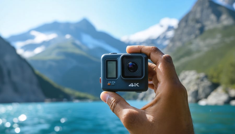 A person using a 4K action camera in a scenic outdoor setting, capturing exciting footage amid rugged landscapes, showcasing the camera's efficiency and versatility.