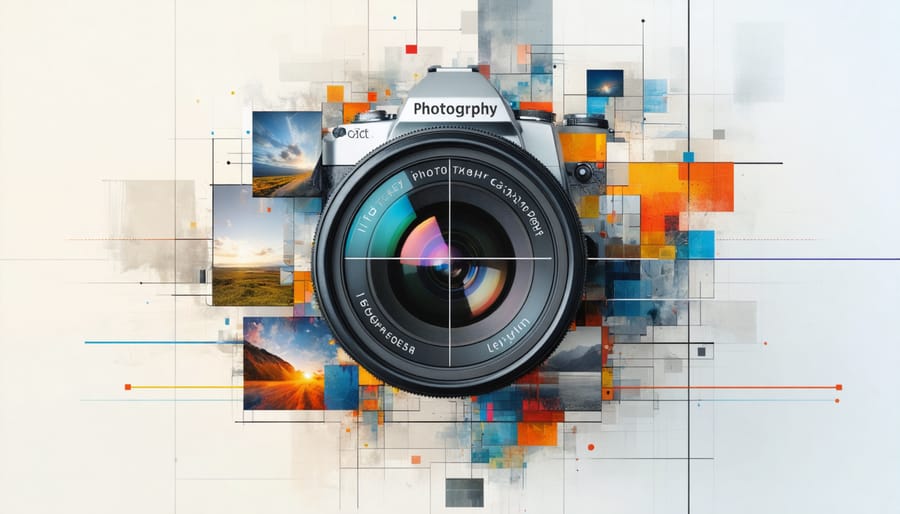 Abstract portrayal of photographic composition techniques including rule of thirds, leading lines, and framing blended around a central camera lens.