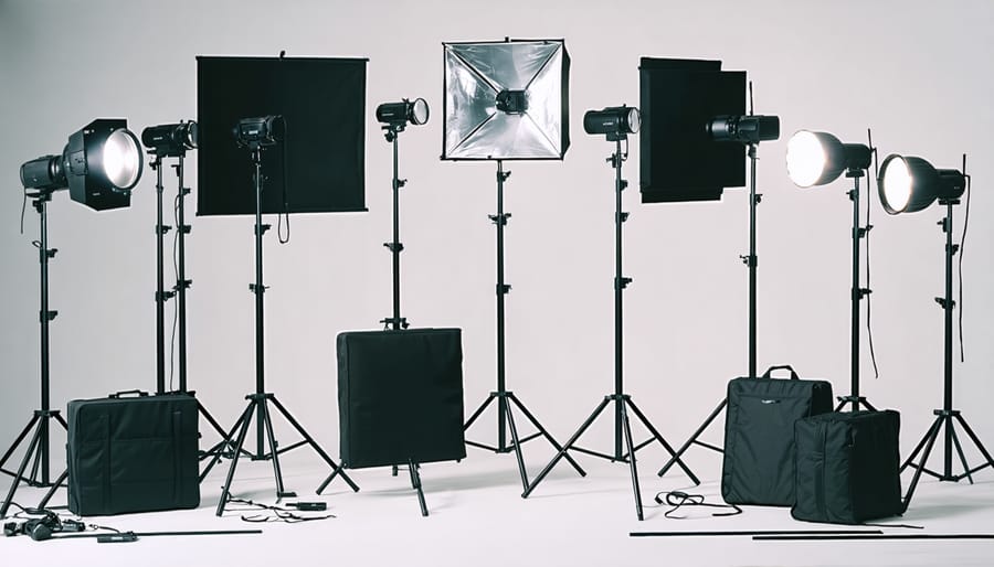 A well-organized studio photography setup displaying different types of lighting equipment, including strobes, continuous lights, and LED panels, with visible interplay of light and shadows.