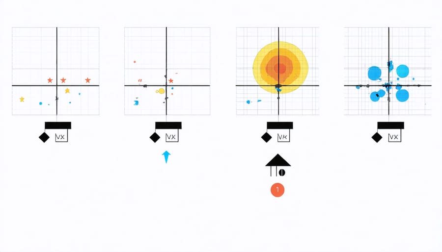 Technical illustration of spot, center-weighted, and matrix metering patterns overlaid on a landscape photo