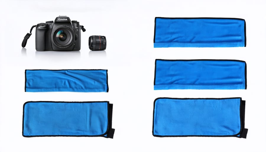 Various sizes and thicknesses of microfiber cloths displayed next to a camera lens