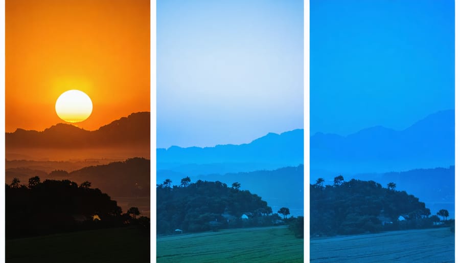 Three-panel comparison of a landscape photographed during golden hour, harsh midday sun, and blue hour