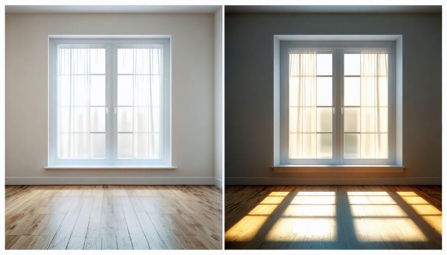 Side-by-side comparison of interior room lighting: natural daylight versus professional flash lighting