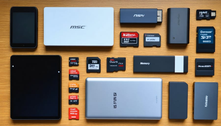 Array of modern photo storage devices including external drives and memory cards