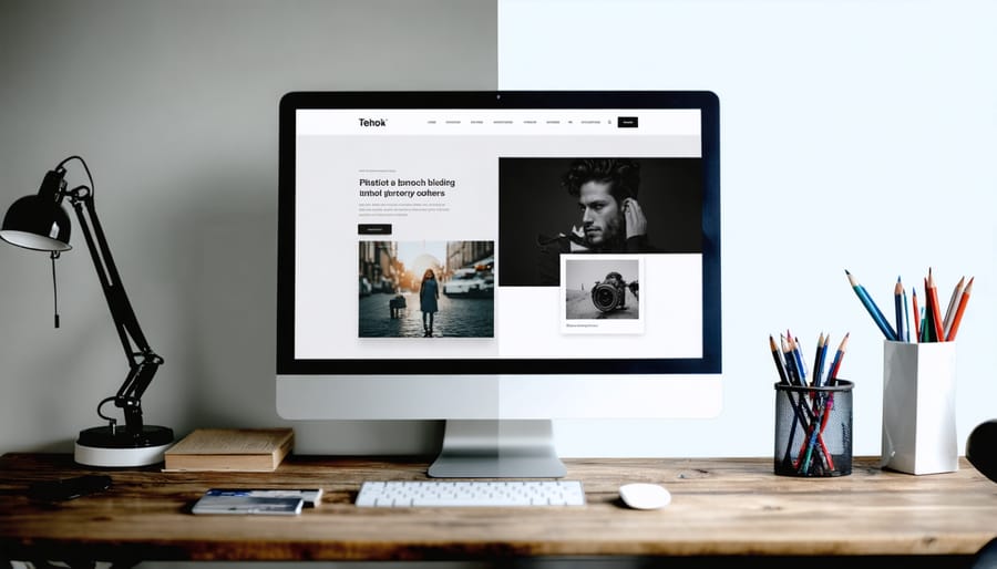 A split-screen image comparing a clean and professional photography website design on one side with a cluttered and disorganized design on the other, illustrating the importance of effective design in photography portfolios.