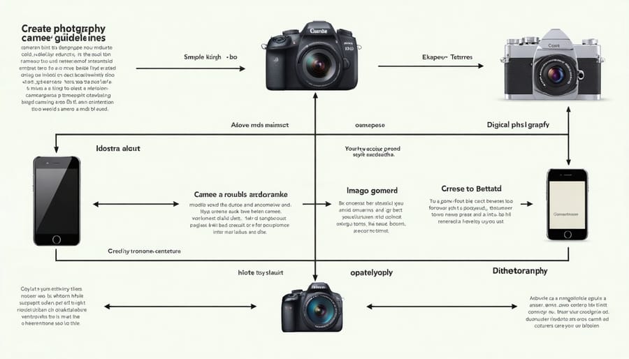 Visual workflow diagram showing steps from capture to sharing for both smartphone and camera photography