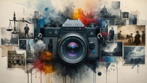 An illustration of a historic camera, surrounded by iconic photographs and abstract elements symbolizing ethical challenges, representing the evolution and impact of ethics in photojournalism.