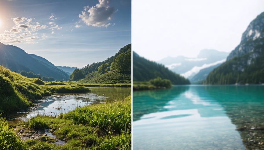 Comparison of a landscape scene captured with a prime lens, showing sharpness and rich bokeh, alongside a versatile composition captured with a zoom lens.