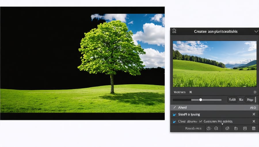 Computer screen displaying photo editing software with before/after landscape image