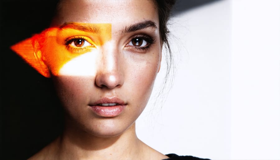 Studio portrait showing Rembrandt lighting pattern with characteristic triangle of light under the eye