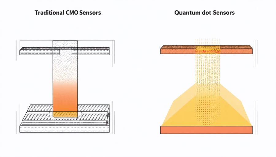 Technical diagram comparing traditional camera sensor structure with quantum dot sensor architecture