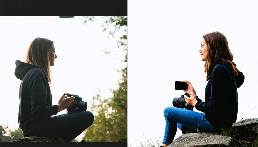 Split image comparing photo quality between DSLR camera and smartphone sensors