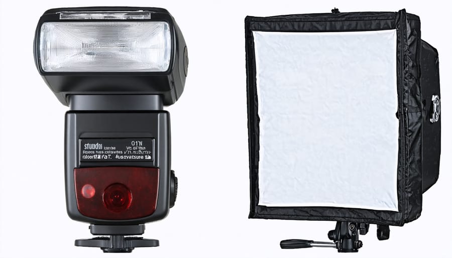 Comparison of speedlight flash and studio strobe showing size and power differences