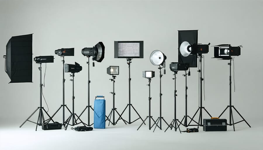 Collection of professional studio lighting equipment including strobes, LED panels, and continuous lights with stands