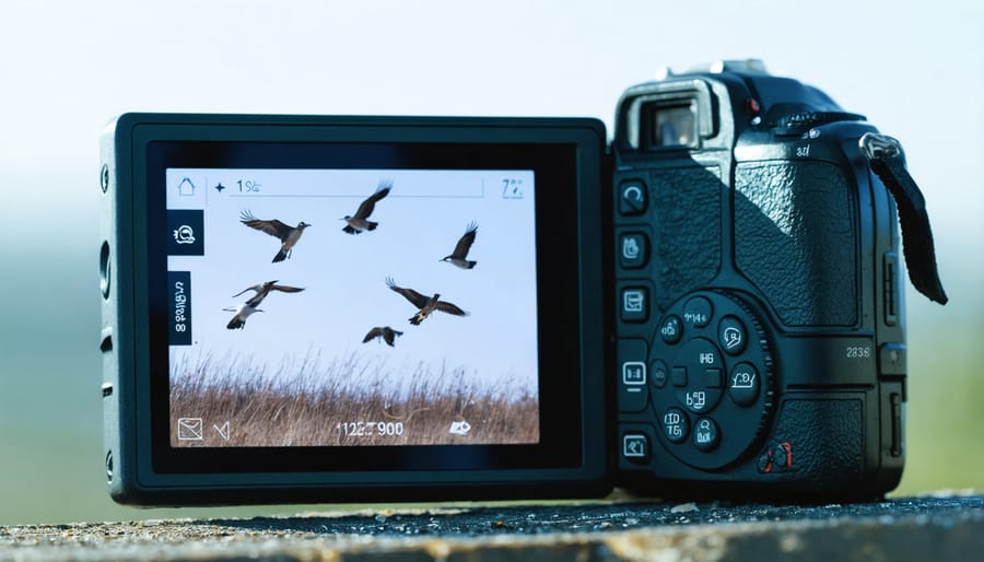 Camera viewfinder showing real-time subject tracking of three seagulls with AF points locked on each bird