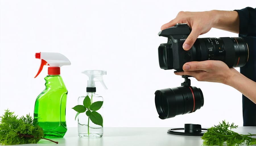 Person cleaning a camera with sustainable maintenance products