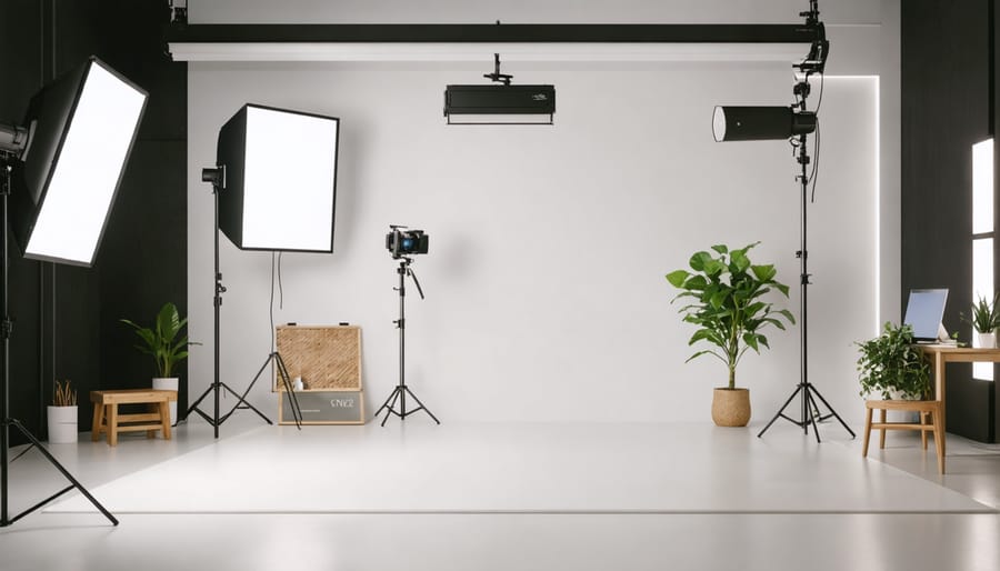 Eco-friendly photography studio with energy-efficient LED lighting setup and recyclable props