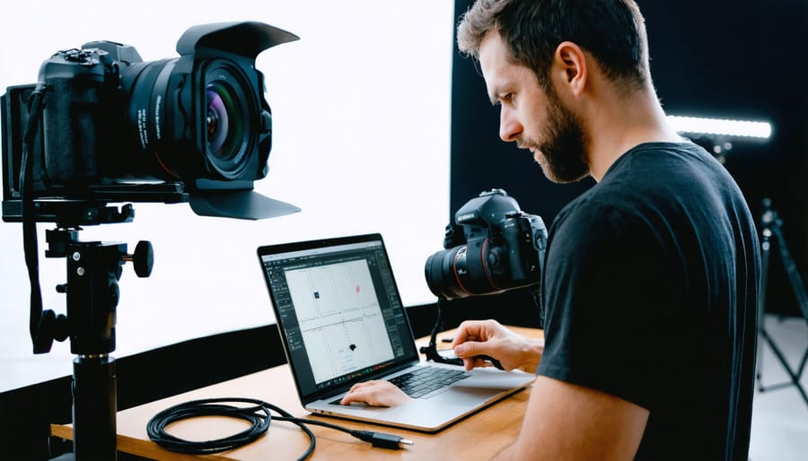 Studio photography setup with camera tethered to laptop displaying live preview