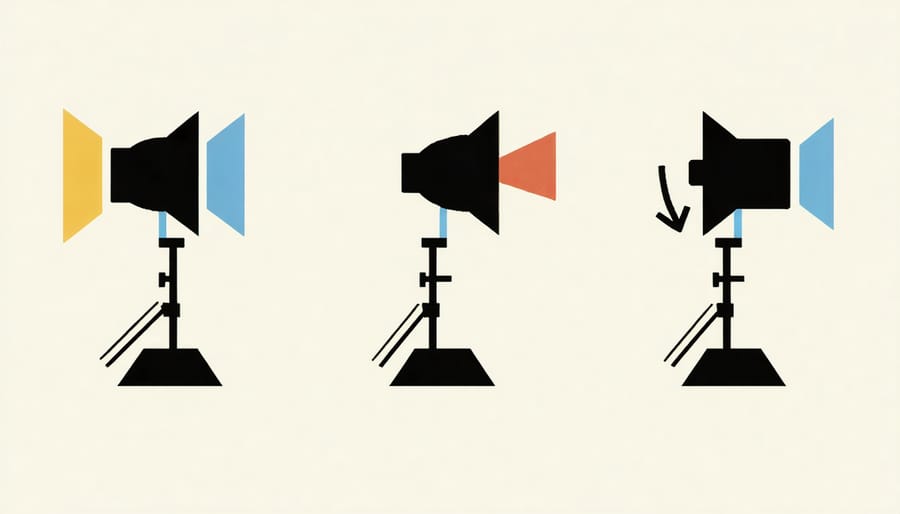 Technical diagram of 3 point lighting setup showing key light, fill light, and back light positions around a subject