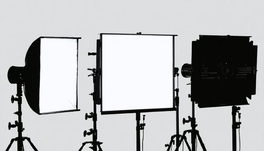 Studio setup showing three-point lighting arrangement with labeled light positions and their effects