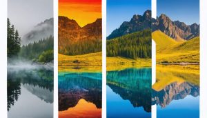 A dynamic grid displaying the transformation process of a digital photograph using advanced editing tools, with vibrant colors and editing software elements bringing a landscape to life.