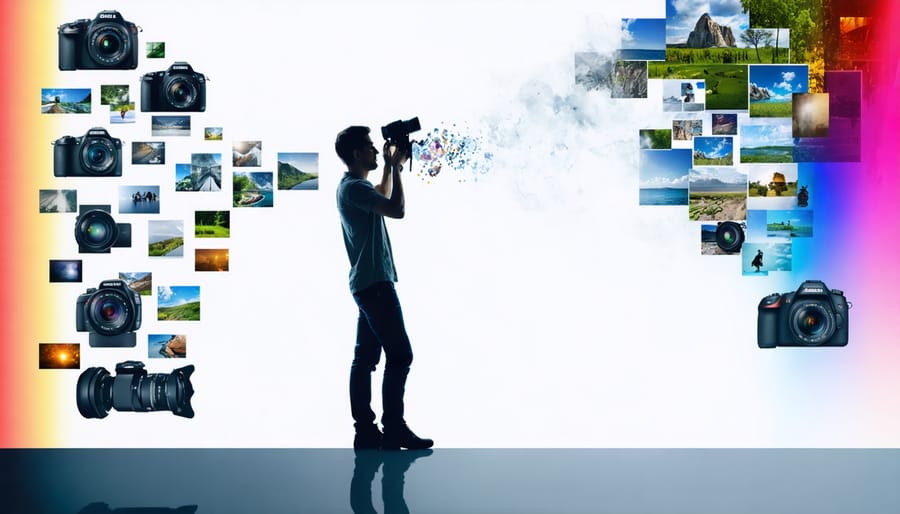 A photographer surrounded by digital tools and creative elements, showcasing how modern photographers craft visual arguments using advanced technology.