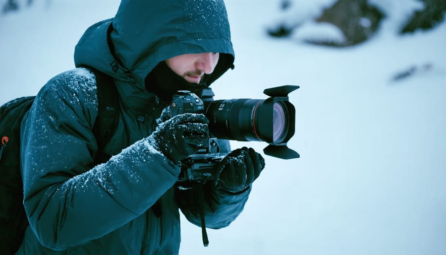 Photographer preparing weather-resistant camera gear during snowfall