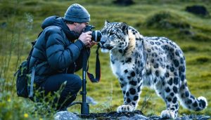 A wildlife photographer capturing a majestic snow leopard perched on a rocky mountain ledge, symbolizing the transformative power of wildlife photography contests in conservation efforts.