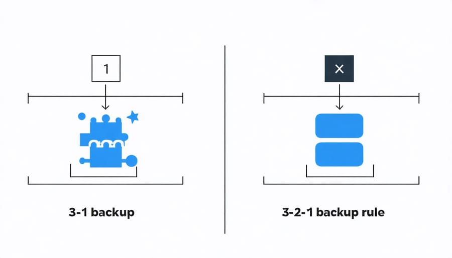 Visual representation of 3-2-1 backup strategy showing three copies, two types of media, and one off-site backup