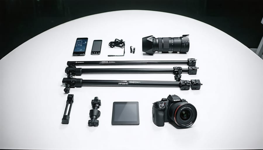 Complete 360-degree camera equipment setup showing camera body, mounts, and accessories