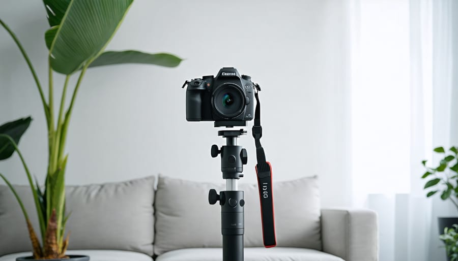 Professional DSLR camera mounted on 360-degree panoramic head with tripod for real estate photography