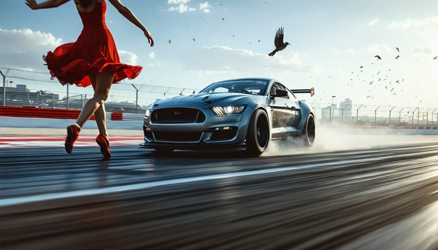 A composite image depicting a graceful dancer in mid-air, a race car speeding on a track, and a bird captured in flight against a blended urban and natural backdrop, symbolizing the art of action photography.