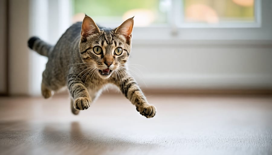 Sharp action photograph of a cat jumping with crystal-clear focus on its eyes