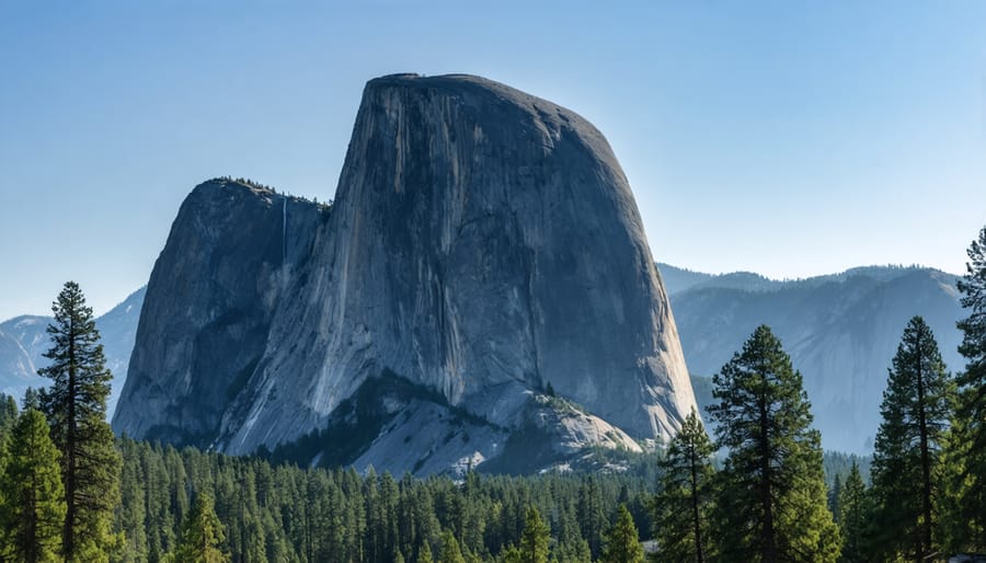 Black and white photograph of Half Dome rock formation in Yosemite, capturing dramatic clouds and mountain face