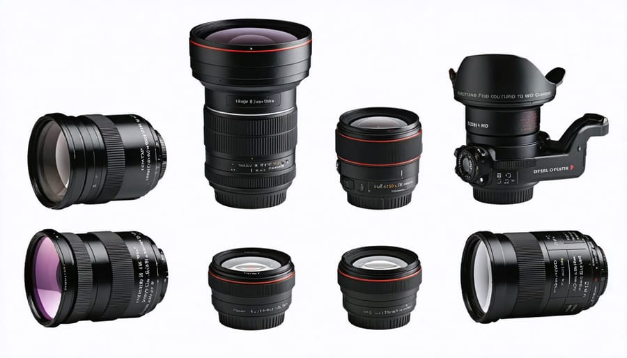 Display of rugged camera lenses with UV and polarizing filters for outdoor photography