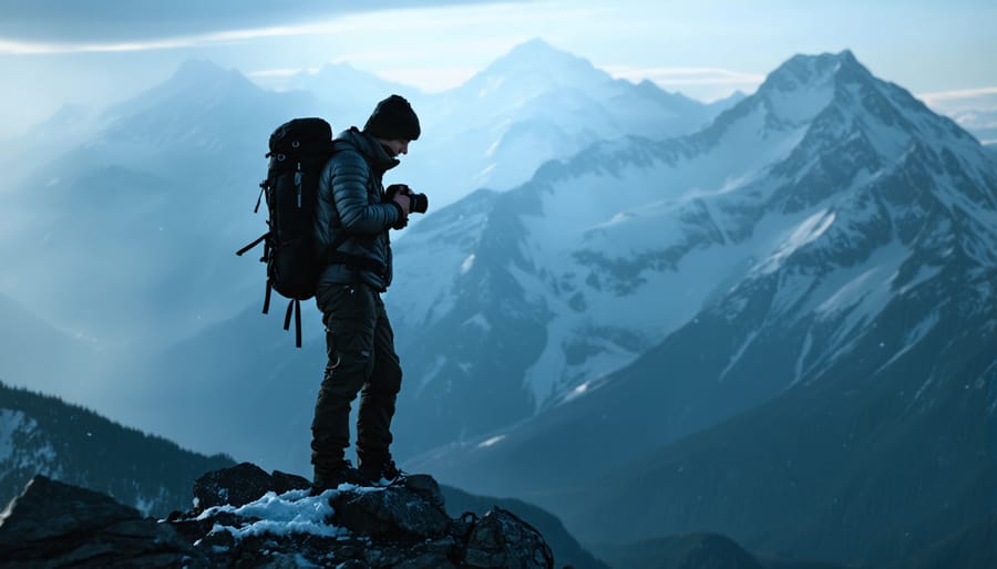 Adventurer on a mountain peak capturing a stunning landscape with weather-sealed camera amid swirling snow and wind.