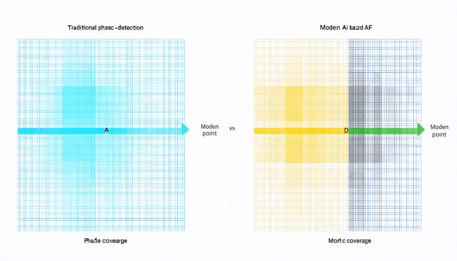 Comparison diagram showing limited AF points in old cameras versus comprehensive AF coverage in modern AI cameras