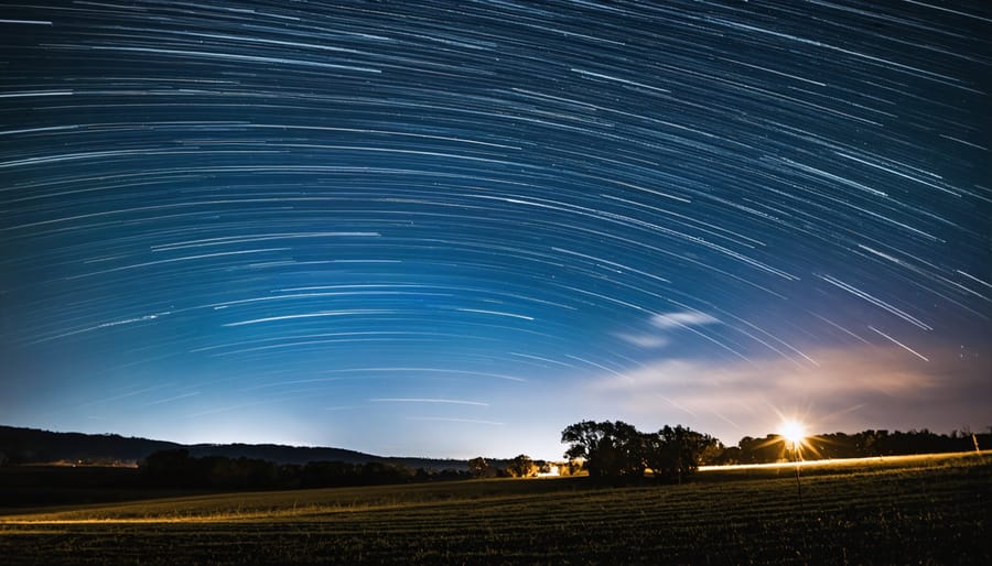 Long exposure photograph of circular star trails with visible integration time settings