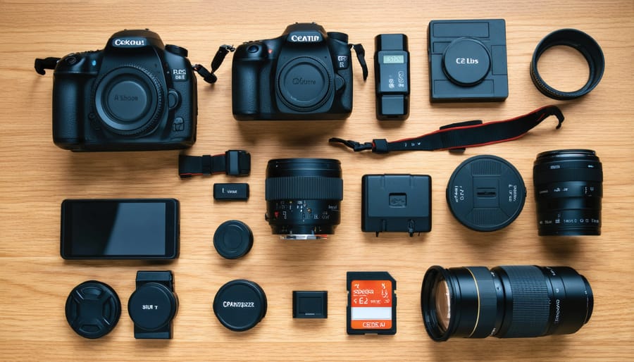 Essential photography equipment laid out on a clean white surface showing a basic starter kit