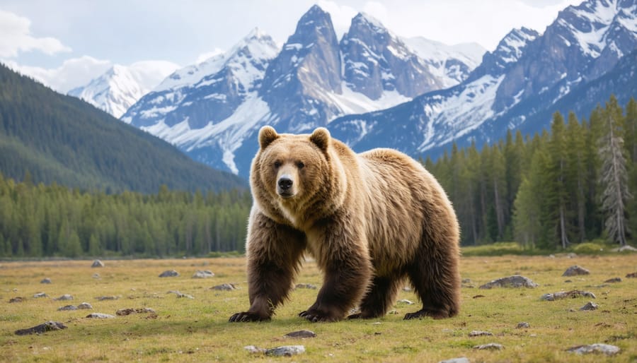 Grizzly bear foraging in a scenic mountain valley with dramatic landscape