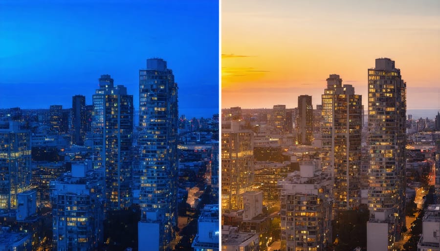 Side-by-side comparison of a city skyline photographed during blue hour and golden hour, showing distinct color temperatures and lighting conditions