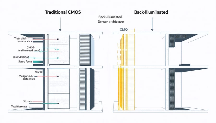 Technical illustration showing the structural differences between standard and back-illuminated CMOS sensors