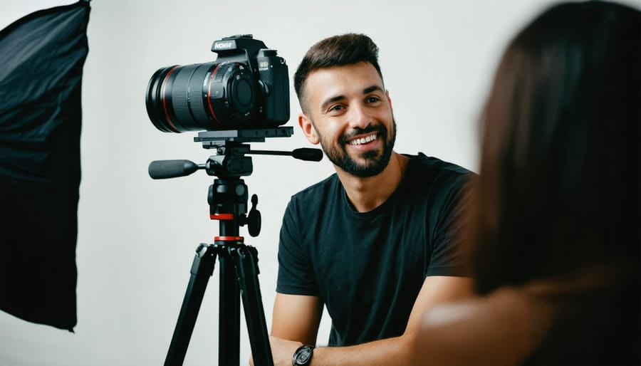 Photographer and portrait subject having a friendly pre-shoot consultation in a studio setting