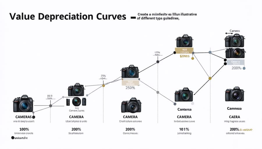 Graph comparing depreciation rates of DSLR, mirrorless, and point-and-shoot cameras over 5 years