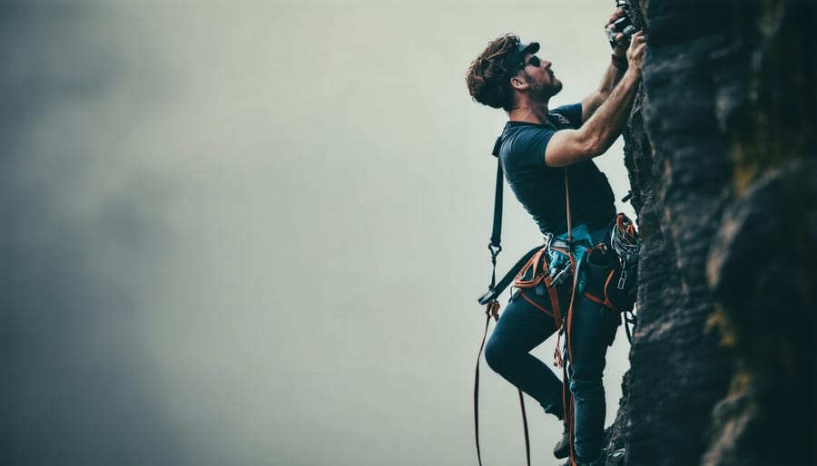 Rock climber wearing camera harness system for hands-free photography