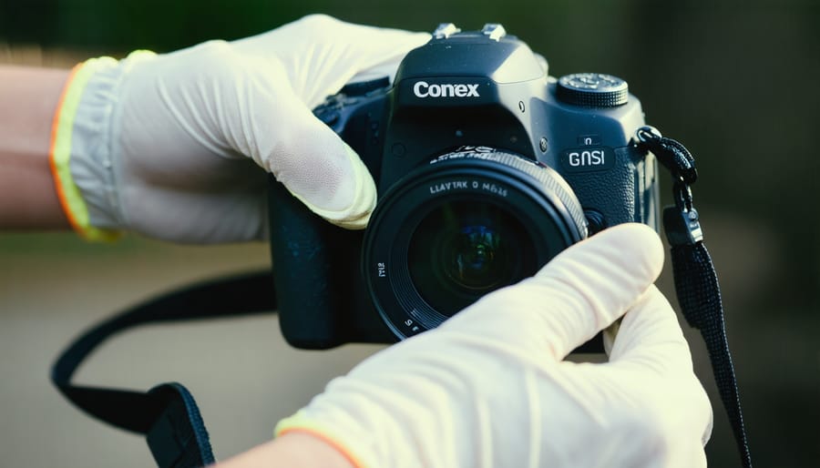 Demonstration of camera cleaning techniques using lens cloth, brush, and cleaning solution