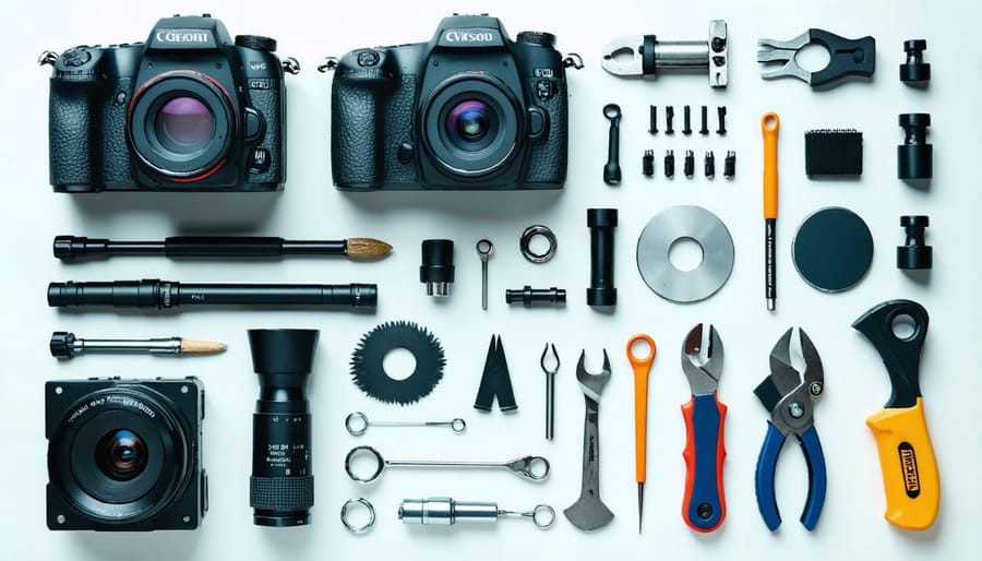 Organized display of camera repair tools including screwdrivers, cleaning supplies, and emergency repair items