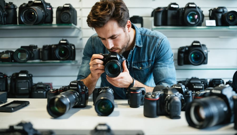 Professional photographer inspecting a high-end camera lens at a rental counter