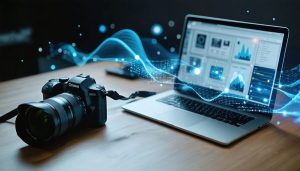 A professional camera connected to a laptop, showcasing a photography organization software interface with flowing data lines symbolizing seamless integration.