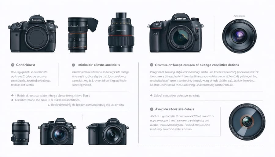 Visual guide showing ideal temperature, humidity, and storage conditions for photography equipment